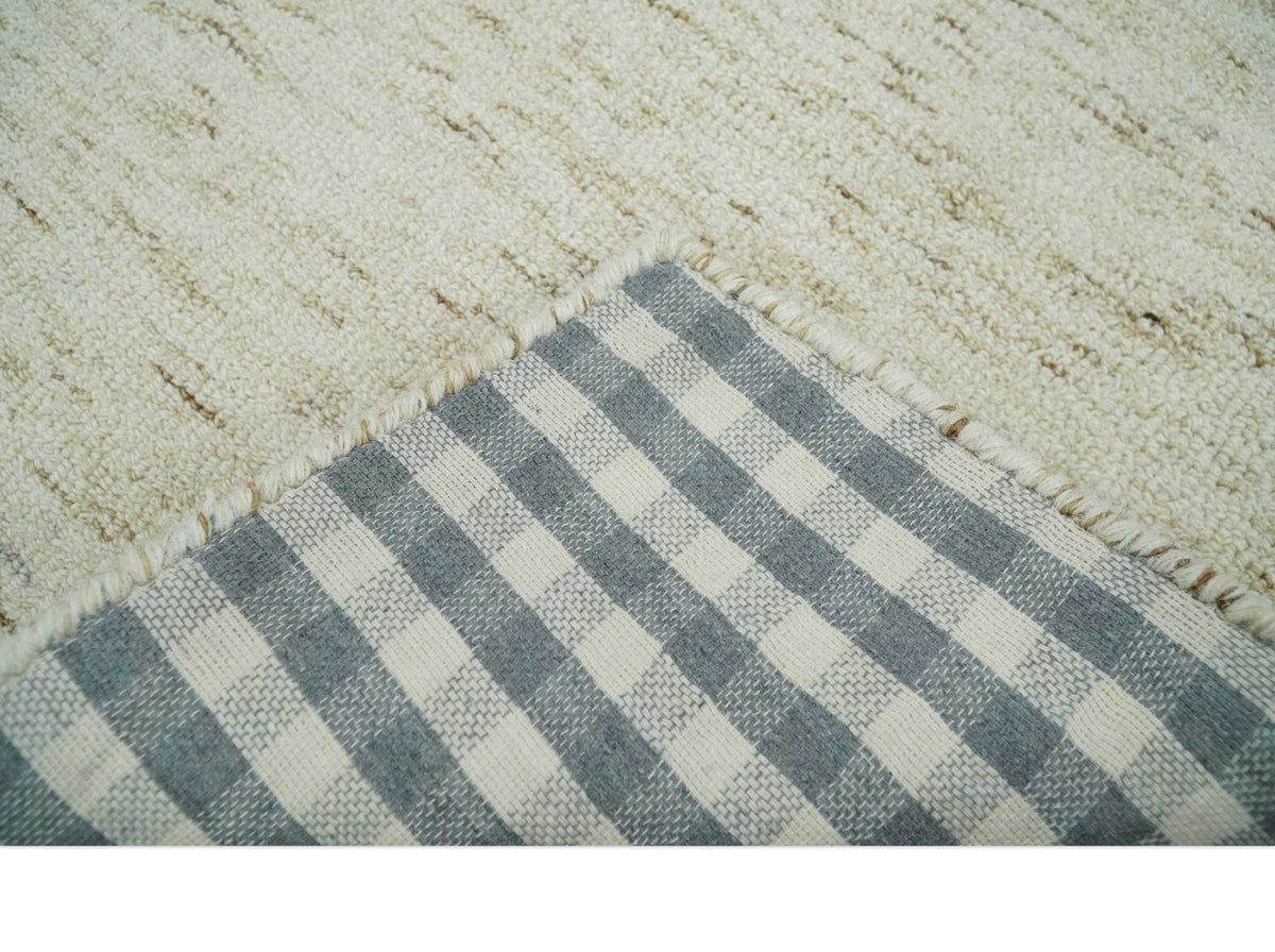 Beige and Brown Modern Abstract Hand Tufted Natural Wool Area Rug.
