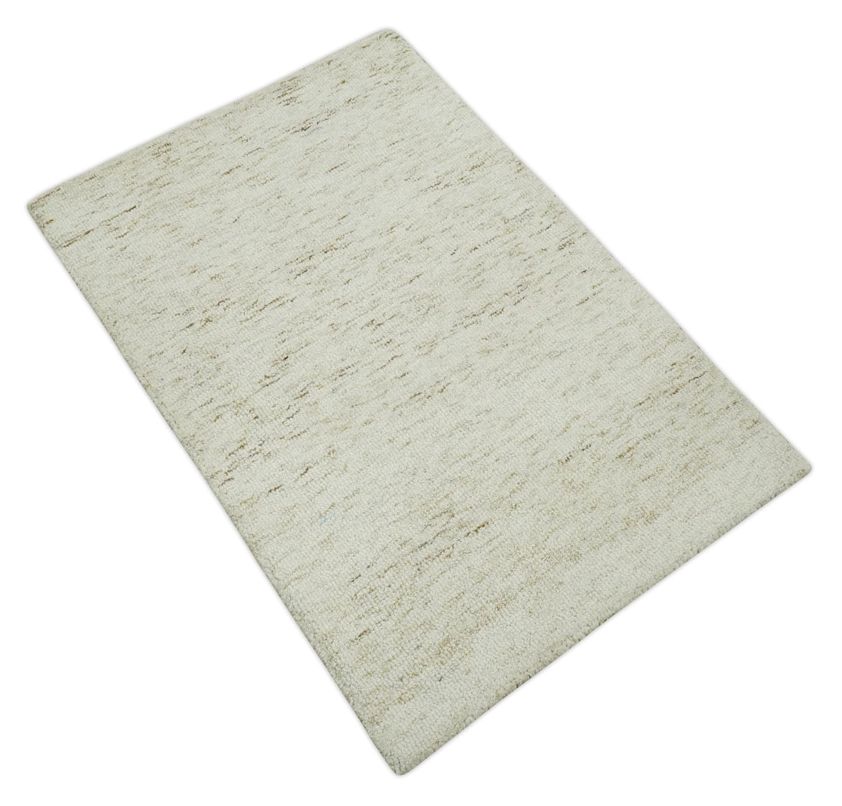Beige and Brown Modern Abstract Hand Tufted Natural Wool Area Rug.