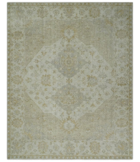 Ivory and Brown distressed finished Traditional Floral Low Pile Multi Size wool Area Rug.