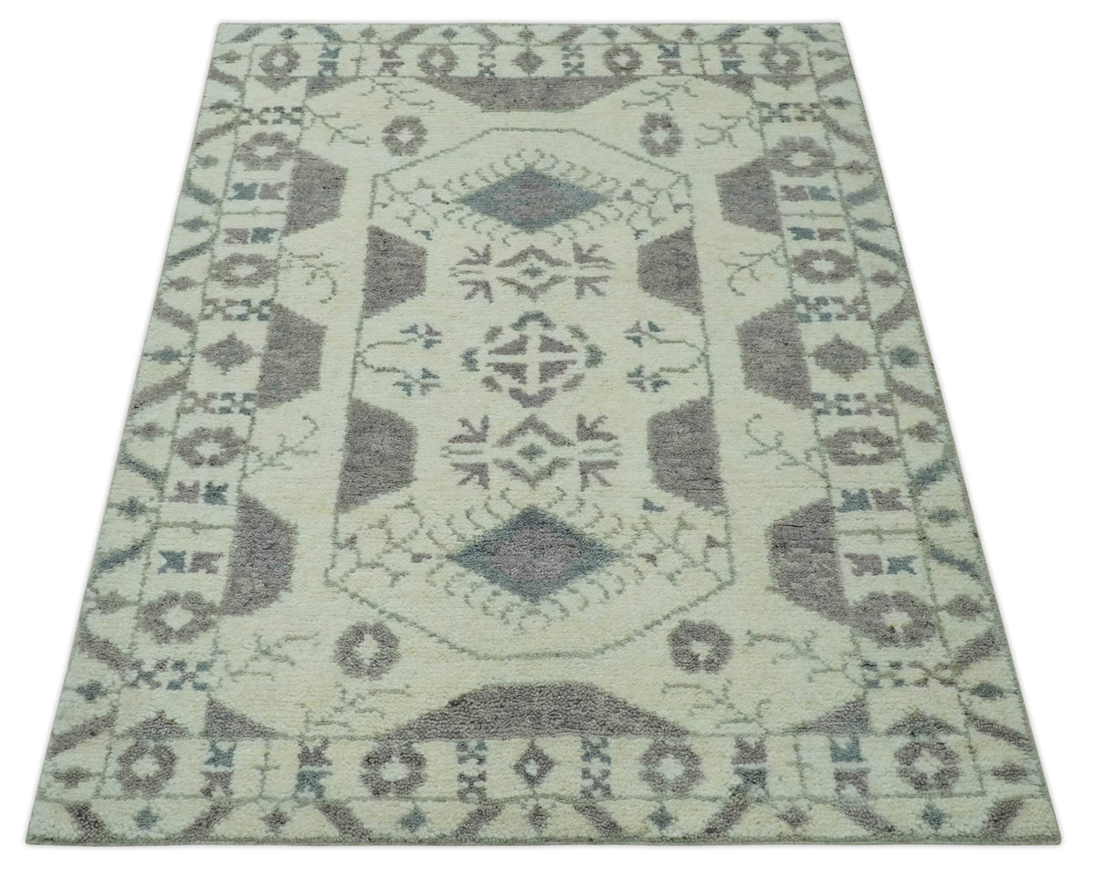 Ivory and Brown Traditional Hand Knotted Multi Size wool Area Rug.