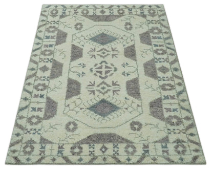 Ivory and Brown Traditional Hand Knotted Multi Size wool Area Rug.