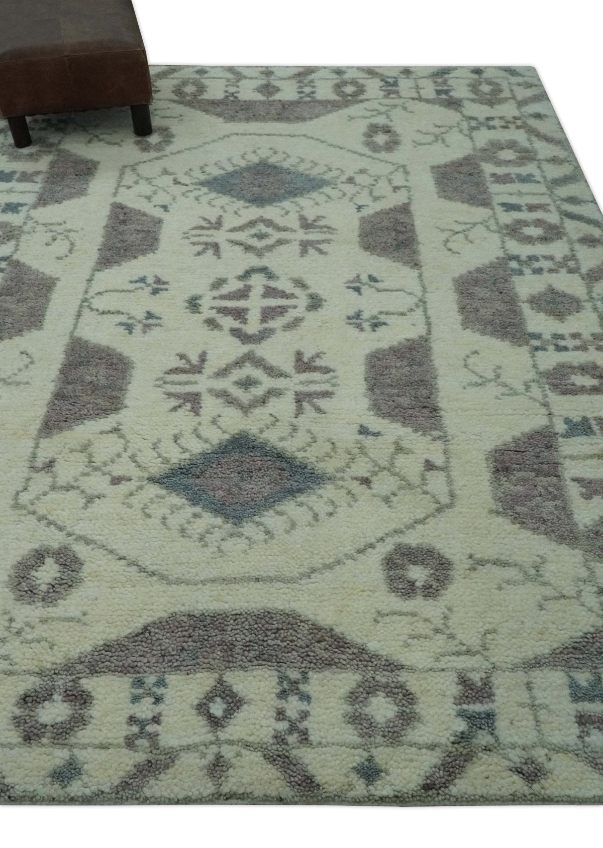 Ivory and Brown Traditional Hand Knotted Multi Size wool Area Rug.