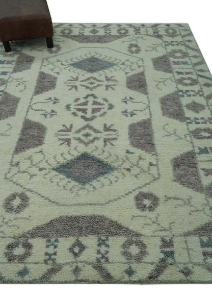 Ivory and Brown Traditional Hand Knotted Multi Size wool Area Rug.