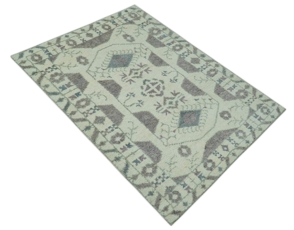 Ivory and Brown Traditional Hand Knotted Multi Size wool Area Rug.