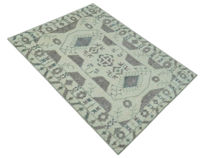 Ivory and Brown Traditional Hand Knotted Multi Size wool Area Rug.