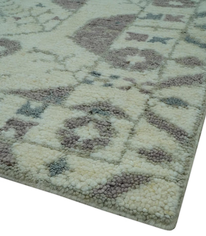 Ivory and Brown Traditional Hand Knotted Multi Size wool Area Rug.