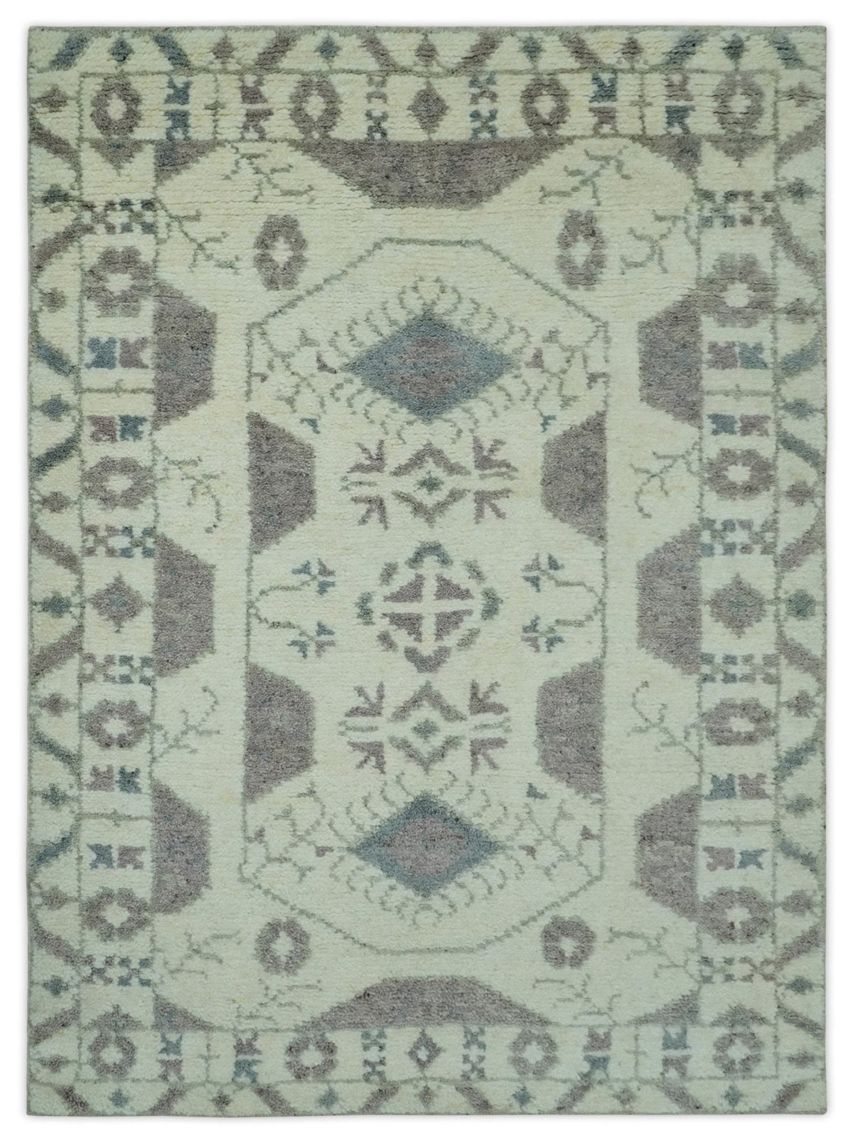 Ivory and Brown Traditional Hand Knotted Multi Size wool Area Rug.