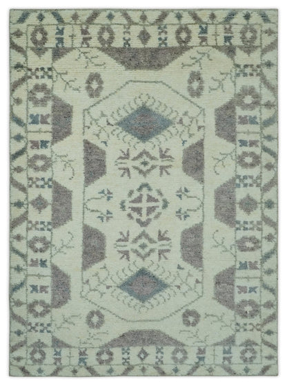 Ivory and Brown Traditional Hand Knotted Multi Size wool Area Rug.