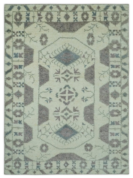 Ivory and Brown Traditional Hand Knotted Multi Size wool Area Rug.