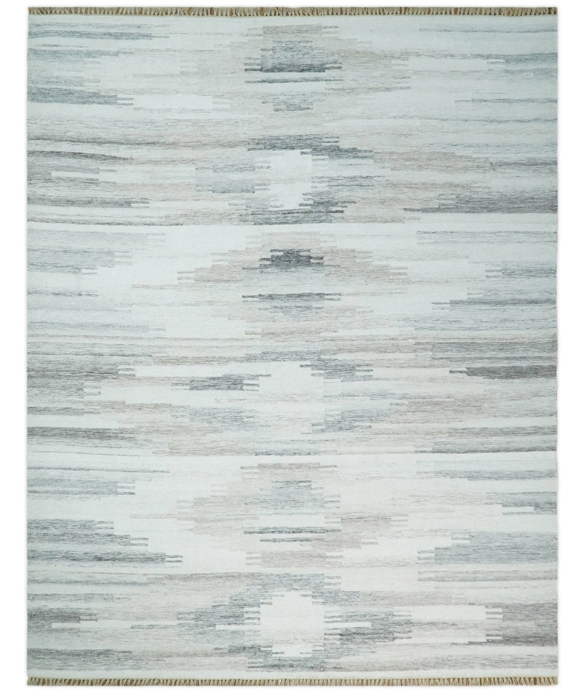 Ivory and Silver fine Wool and Viscose Kilim Rug.
