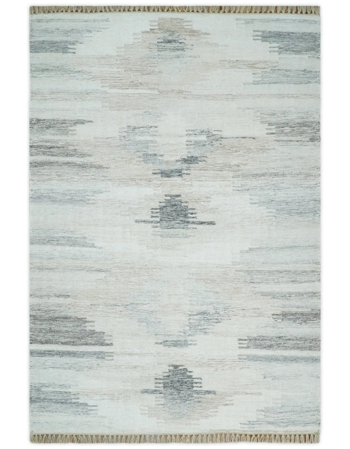Ivory and Silver fine Wool and Viscose Kilim Rug.