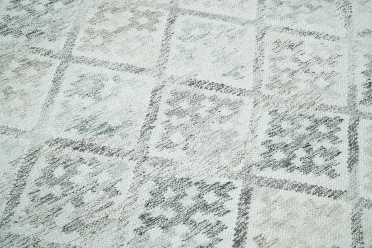 Ivory and Gray Modern Geometrical Hand Woven Wool Rug.