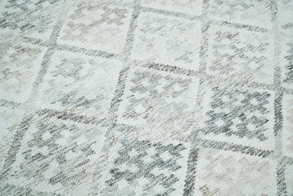 Ivory and Gray Modern Geometrical Hand Woven Wool Rug.