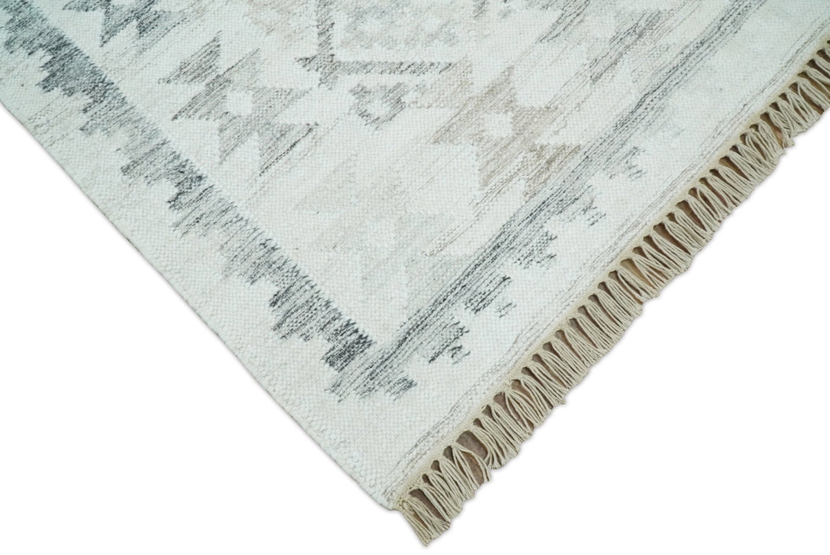 Ivory and Gray Modern Geometrical Hand Woven Wool Rug.