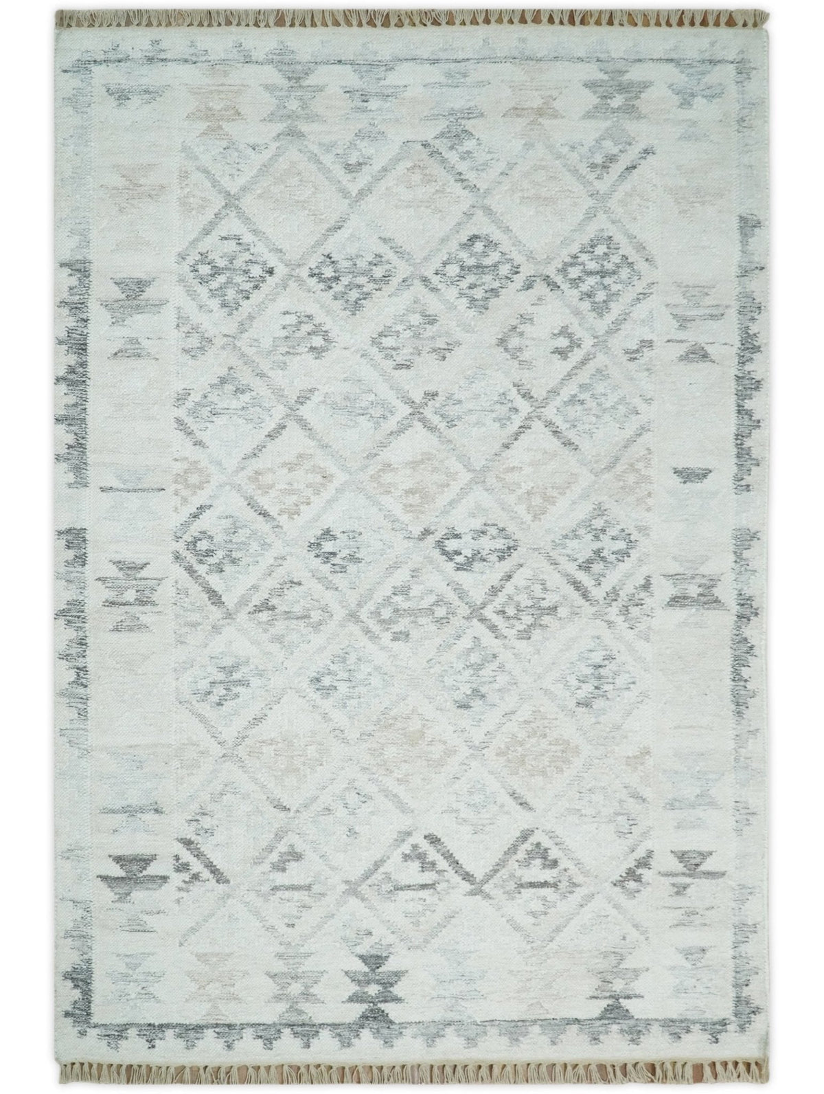 Ivory and Gray Modern Geometrical Hand Woven Wool Rug.