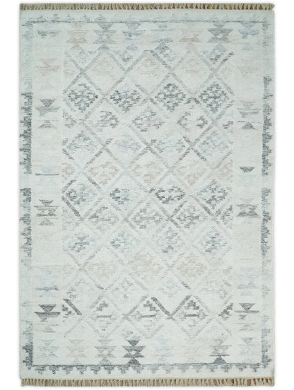 Ivory and Gray Modern Geometrical Hand Woven Wool Rug.