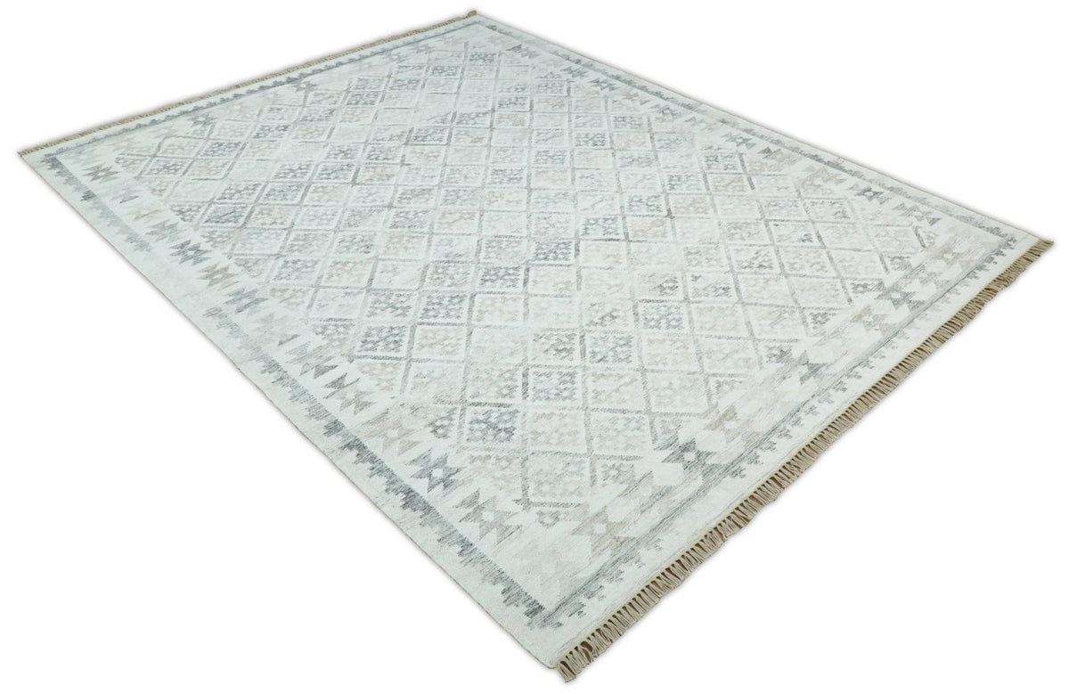 Ivory and Gray Modern Geometrical Hand Woven Wool Rug.