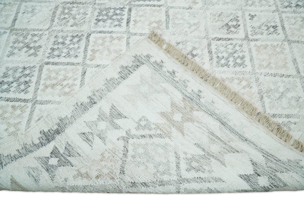 Ivory and Gray Modern Geometrical Hand Woven Wool Rug.