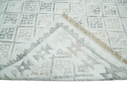 Ivory and Gray Modern Geometrical Hand Woven Wool Rug.