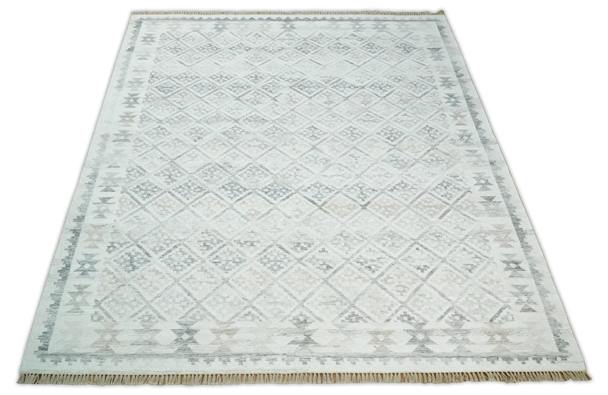 Ivory and Gray Modern Geometrical Hand Woven Wool Rug.