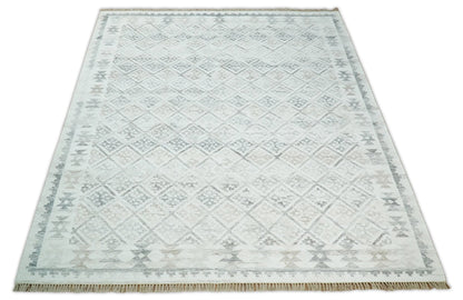 Ivory and Gray Modern Geometrical Hand Woven Wool Rug.