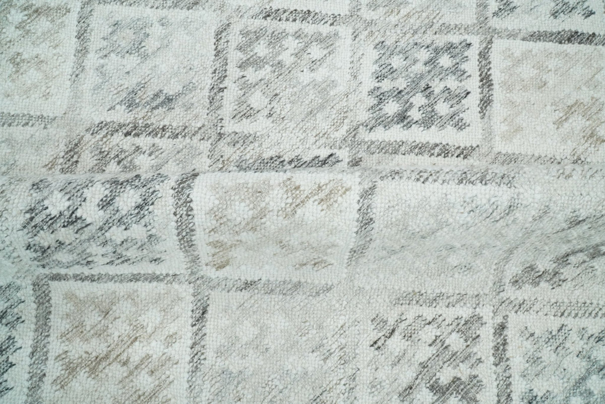 Ivory and Gray Modern Geometrical Hand Woven Wool Rug.