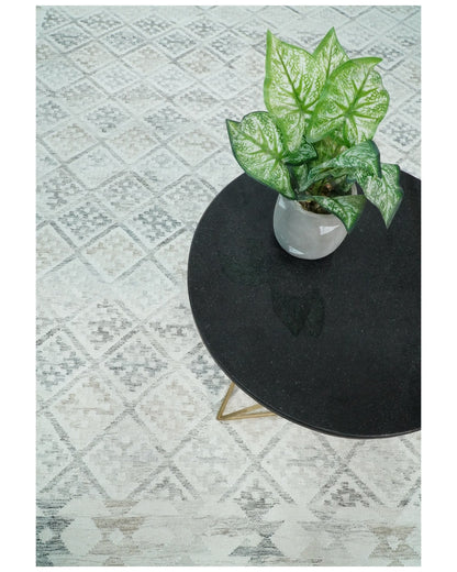 Ivory and Gray Modern Geometrical Hand Woven Wool Rug.