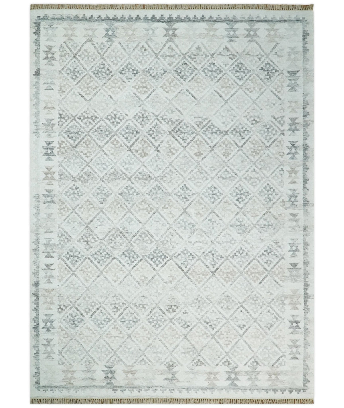 Ivory and Gray Modern Geometrical Hand Woven Wool Rug.