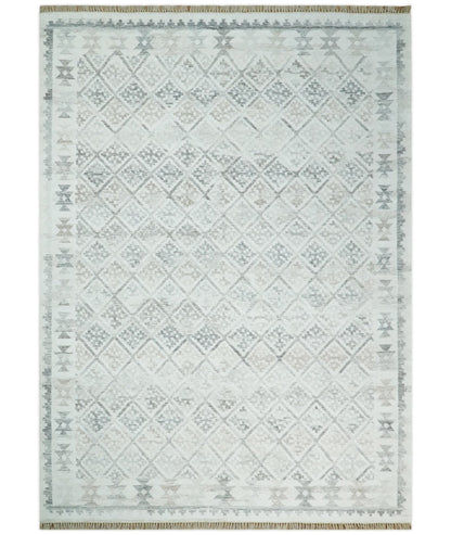 Ivory and Gray Modern Geometrical Hand Woven Wool Rug.