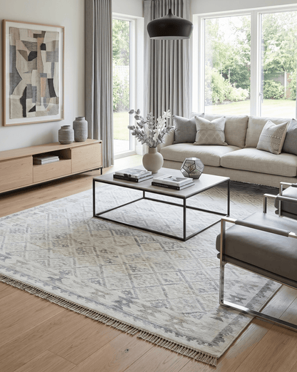 Ivory and Gray Modern Geometrical Hand Woven Wool Rug.