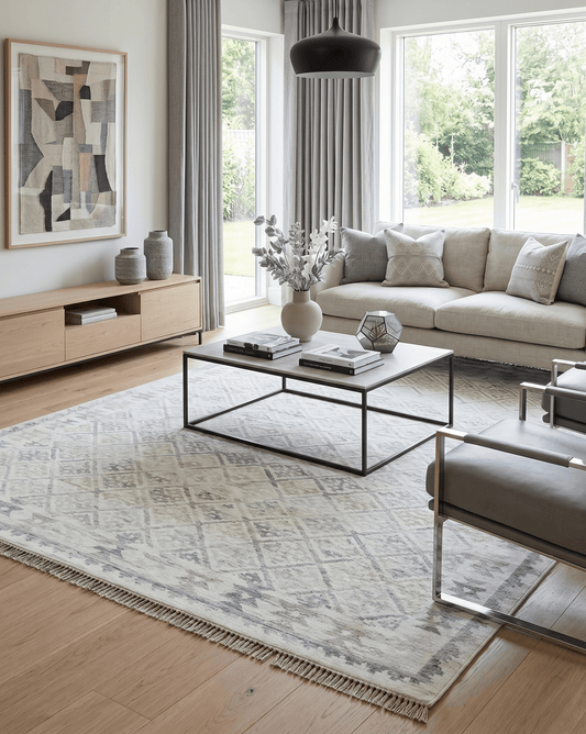 Ivory and Gray Modern Geometrical Hand Woven Wool Rug.