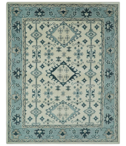 Ivory and Light Blue Traditional Oriental Hand Knotted Custom Made wool area Rug.