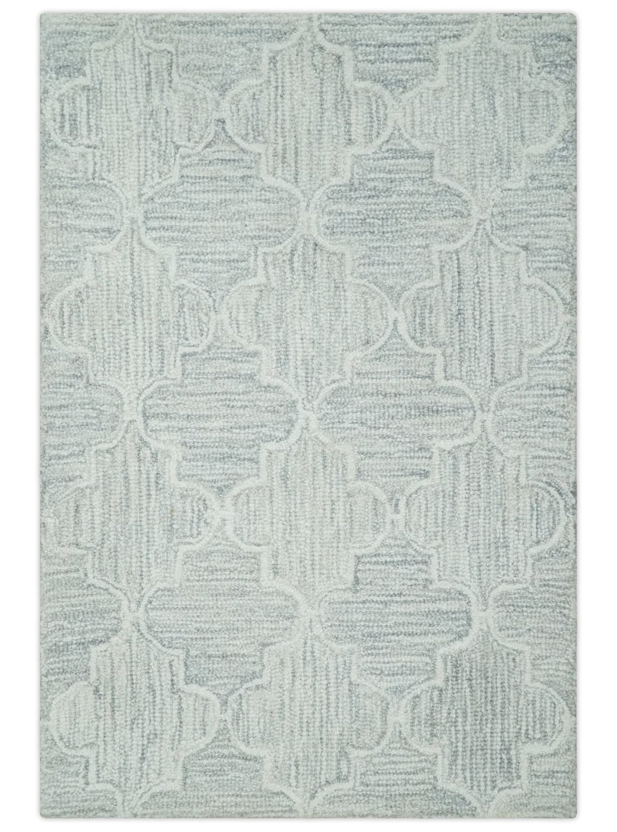 Custom Made Ivory and Silver Modern Geometric Hand Tufted Wool Area Rug.