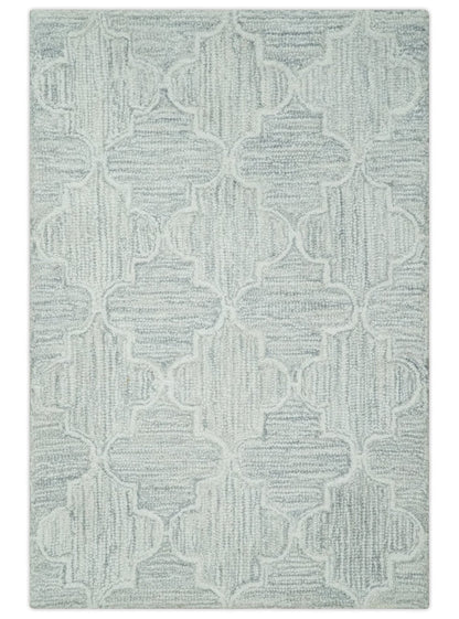 Custom Made Ivory and Silver Modern Geometric Hand Tufted Wool Area Rug.