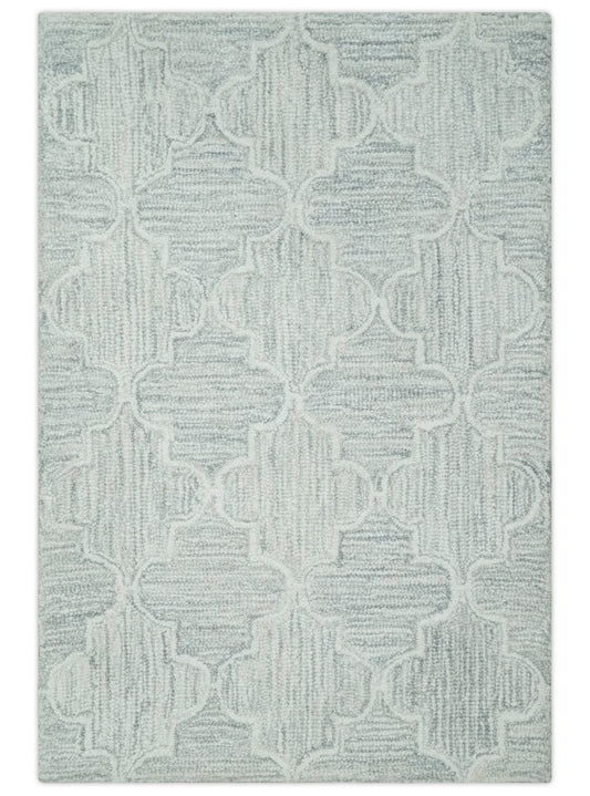 Custom Made Ivory and Silver Modern Geometric Hand Tufted Wool Area Rug.