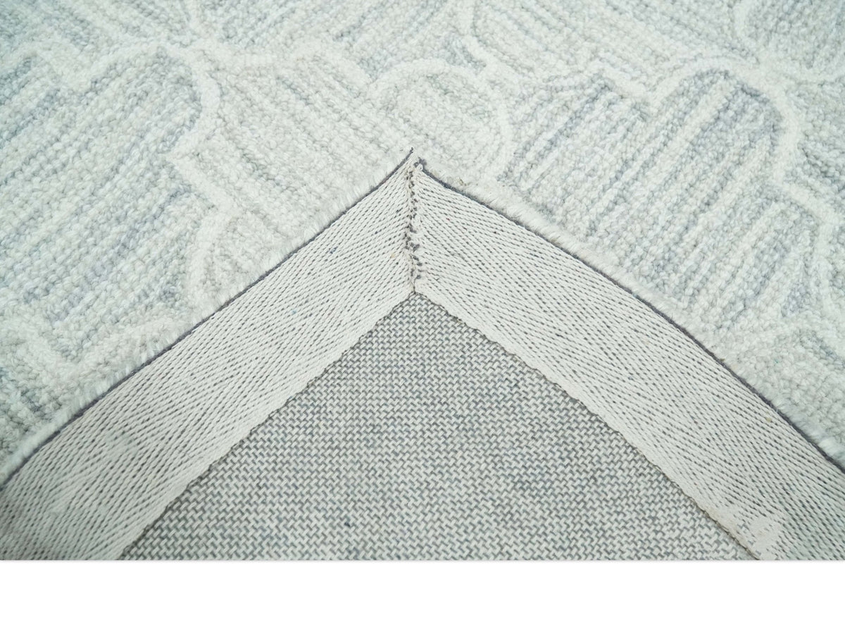 Custom Made Ivory and Silver Modern Geometric Hand Tufted Wool Area Rug.