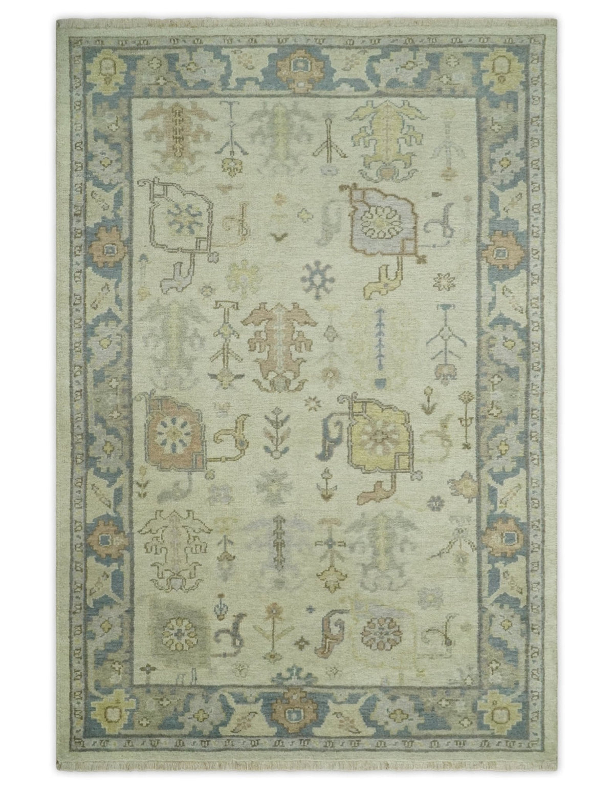 Beige and Gray Hand Knotted Traditional Persian Oushak Wool Rug.