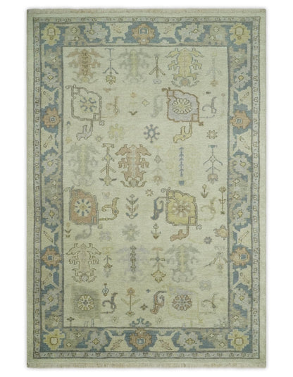 Beige and Gray Hand Knotted Traditional Persian Oushak Wool Rug.