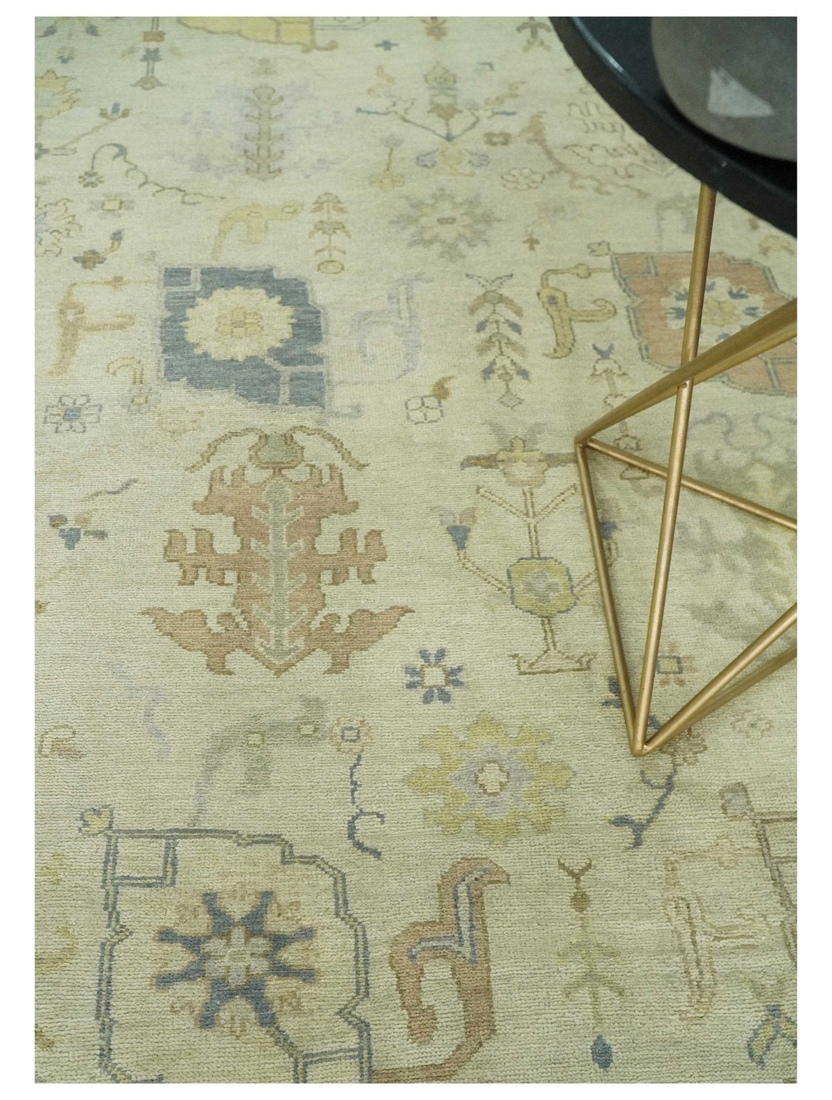 Beige and Gray Hand Knotted Traditional Persian Oushak Wool Rug.
