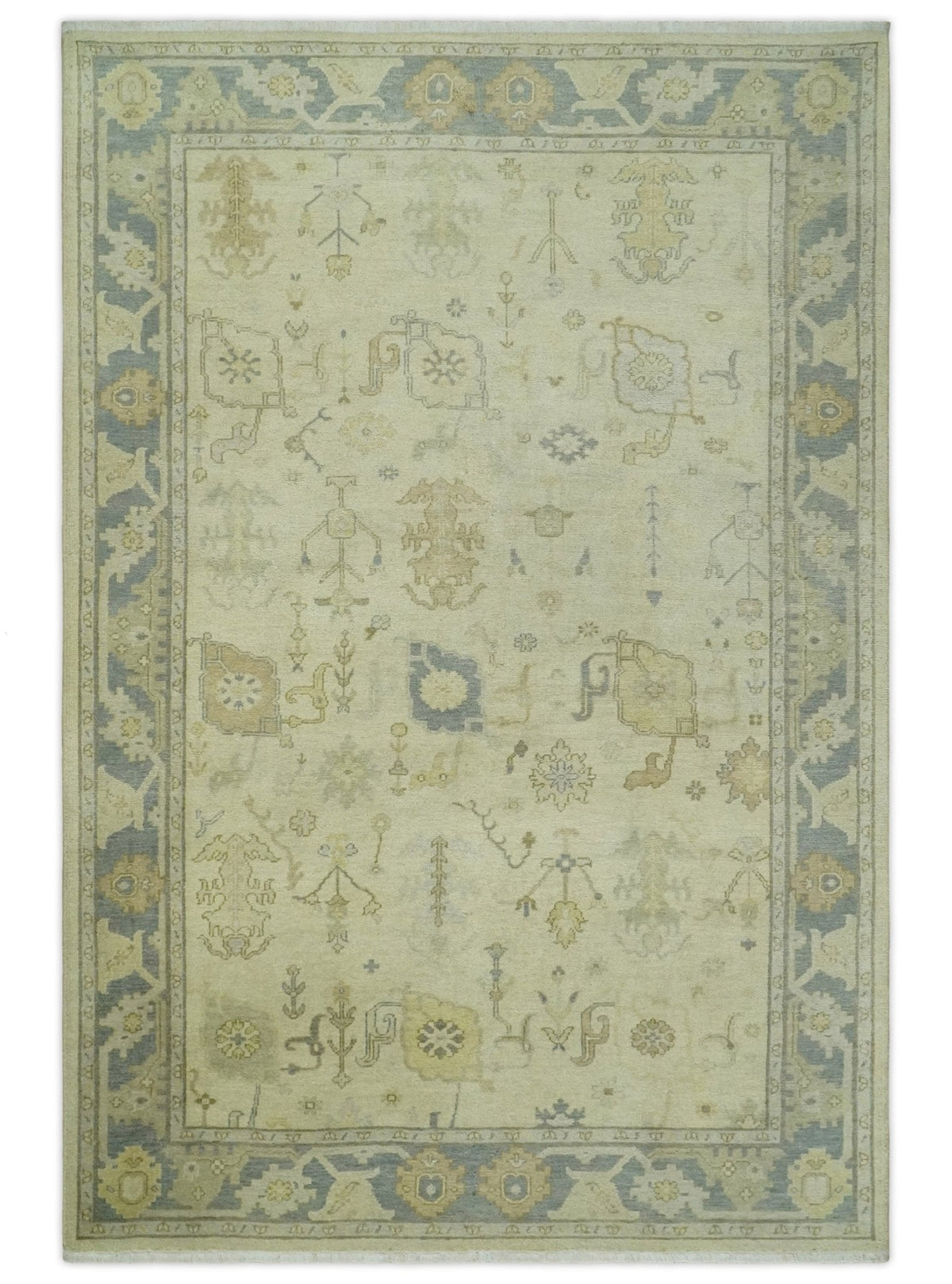 Beige and Gray Hand Knotted Traditional Persian Oushak Wool Rug.