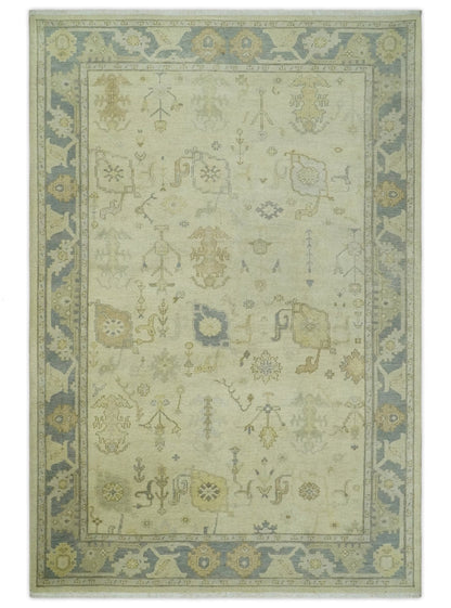 Beige and Gray Hand Knotted Traditional Persian Oushak Wool Rug.