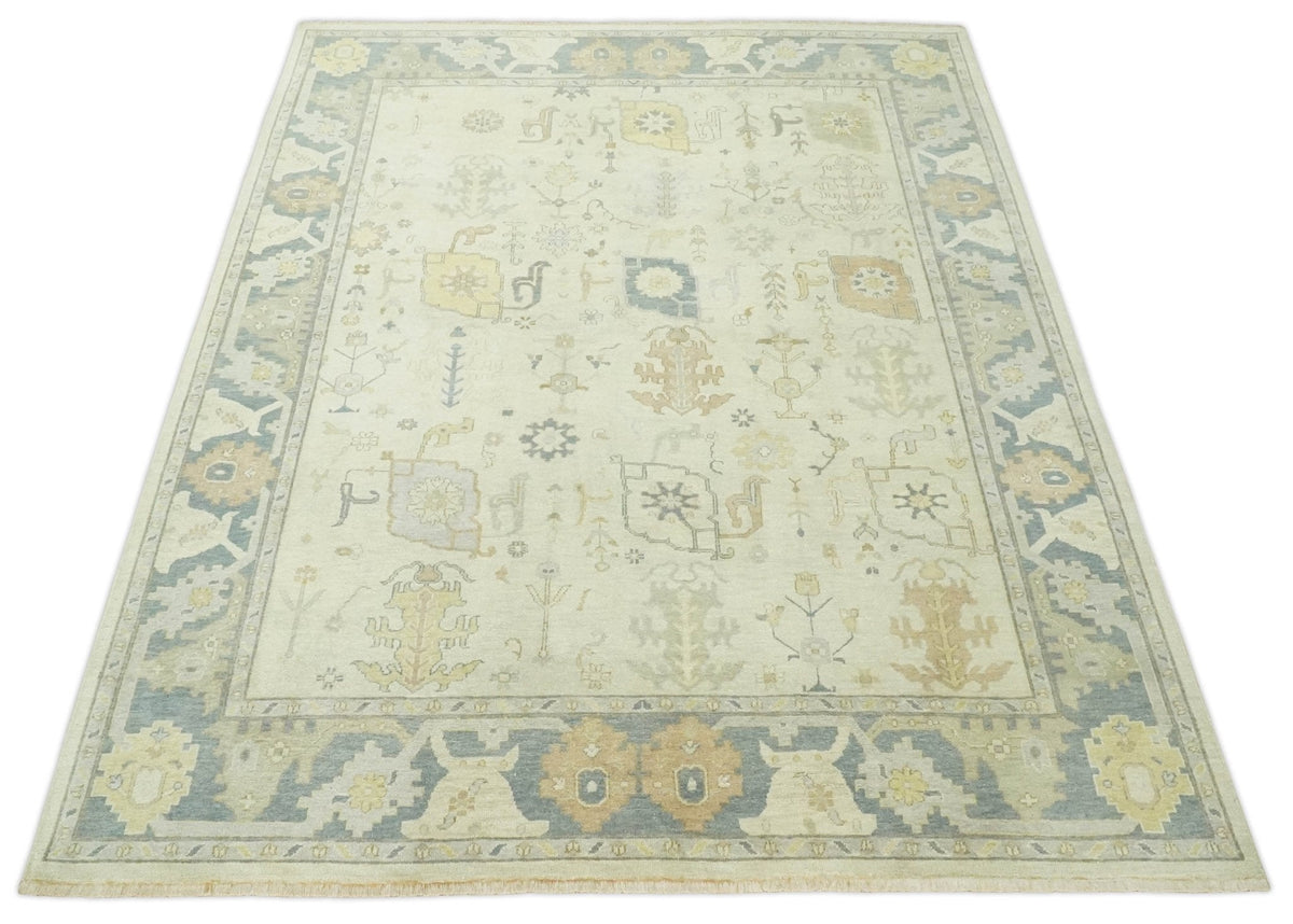 Beige and Gray Hand Knotted Traditional Persian Oushak Wool Rug.