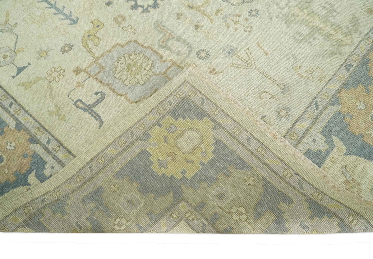 Beige and Gray Hand Knotted Traditional Persian Oushak Wool Rug.
