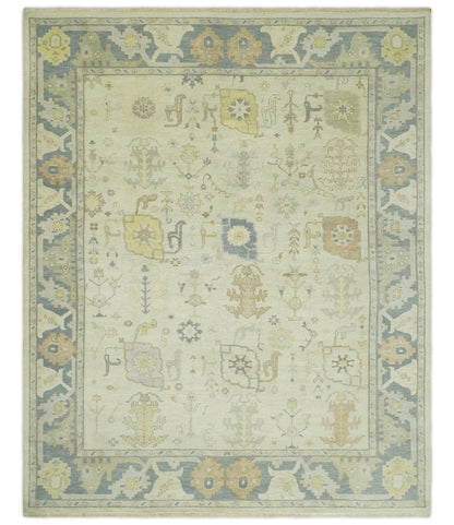 Beige and Gray Hand Knotted Traditional Persian Oushak Wool Rug.