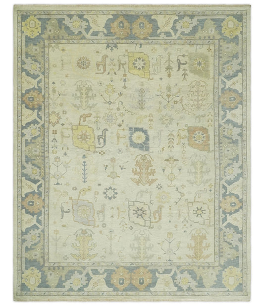 Beige and Gray Hand Knotted Traditional Persian Oushak Wool Rug.
