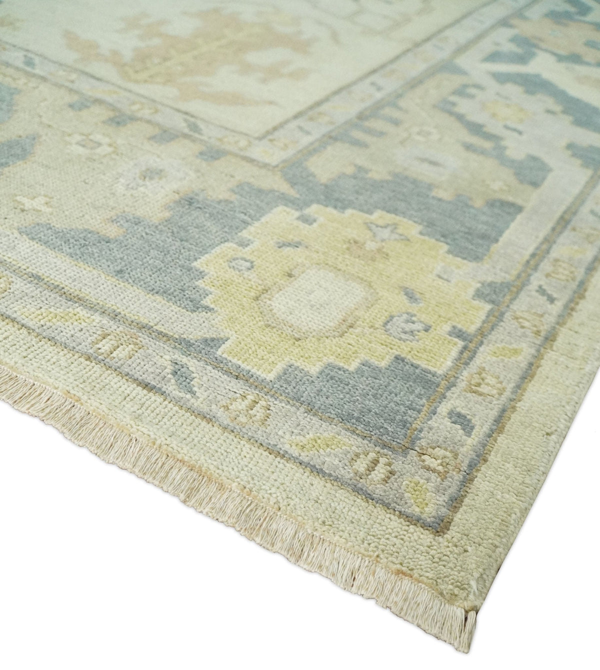 Beige and Gray Hand Knotted Traditional Persian Oushak Wool Rug.