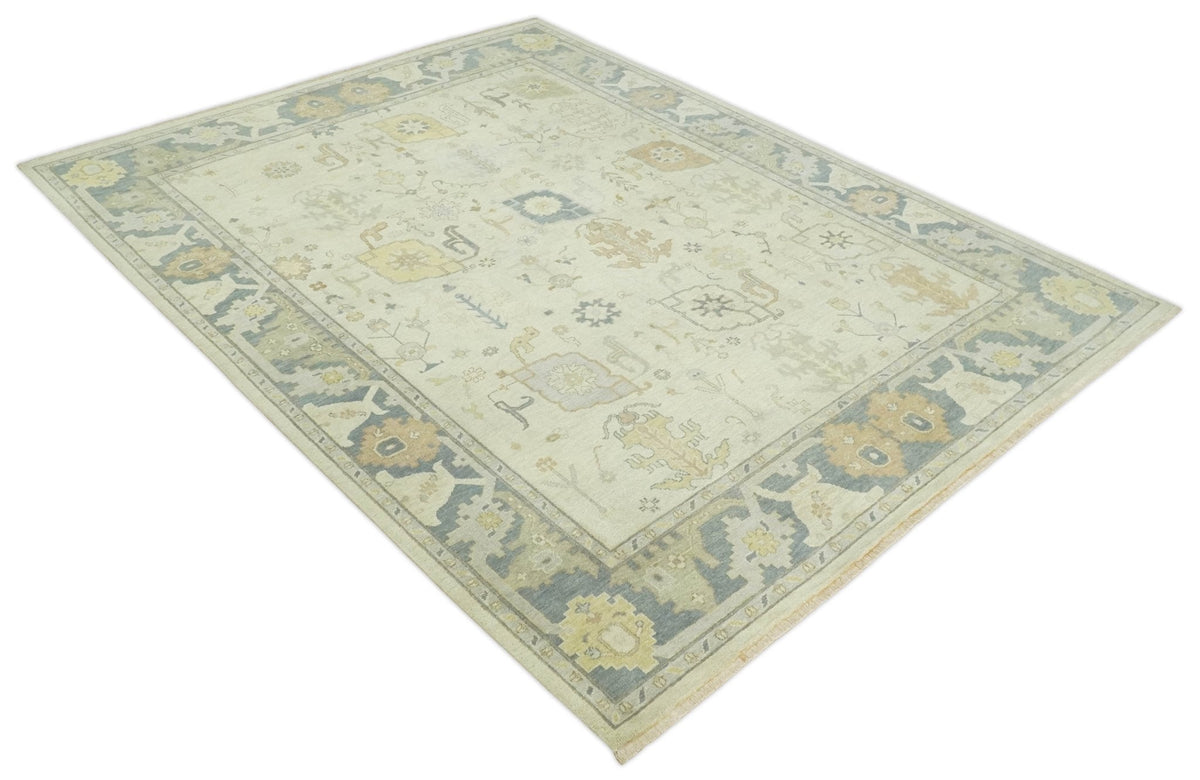 Beige and Gray Hand Knotted Traditional Persian Oushak Wool Rug.