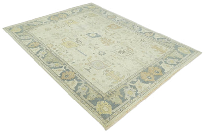 Beige and Gray Hand Knotted Traditional Persian Oushak Wool Rug.