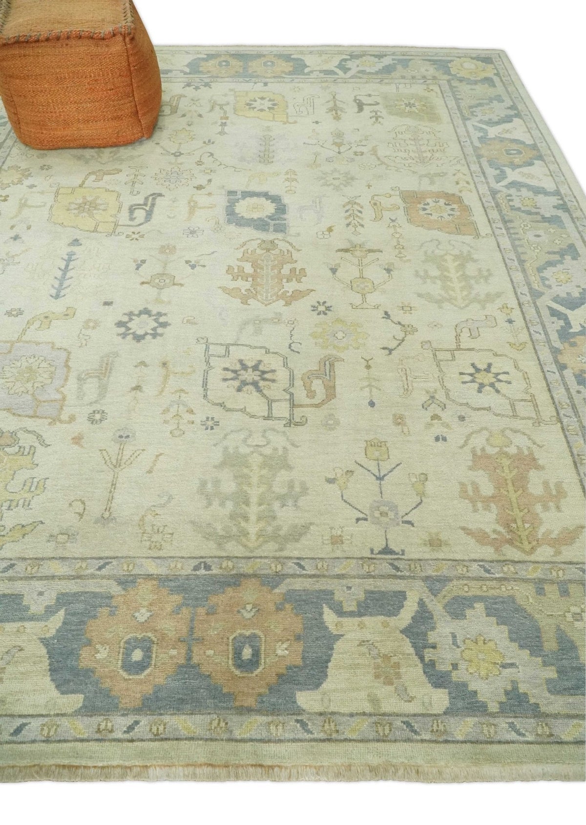 Beige and Gray Hand Knotted Traditional Persian Oushak Wool Rug.