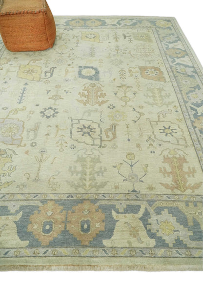Beige and Gray Hand Knotted Traditional Persian Oushak Wool Rug.